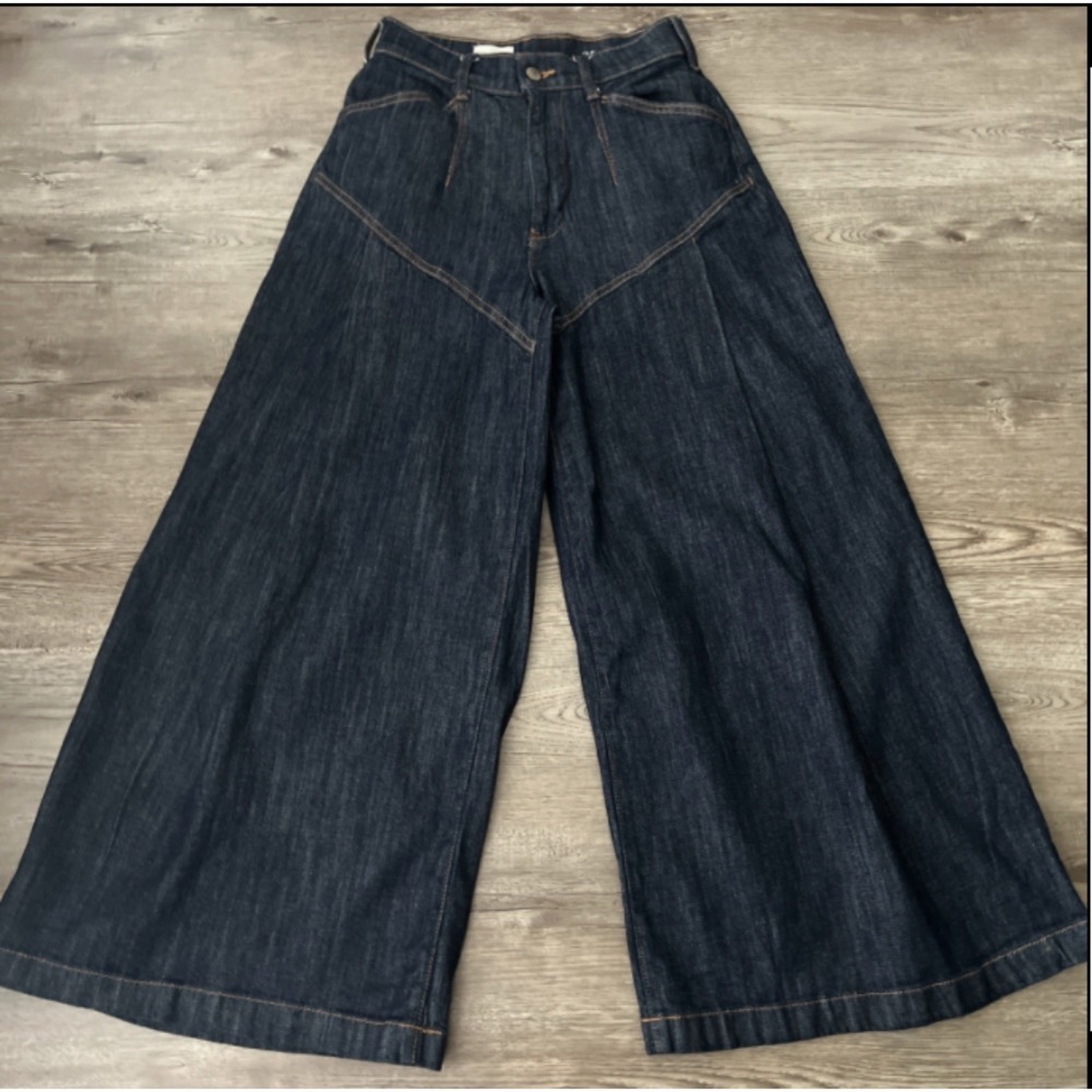 Pilcro Anthropologie Flounce Wide Leg Jeans Womens 25 Dark Wash High Rise Boho